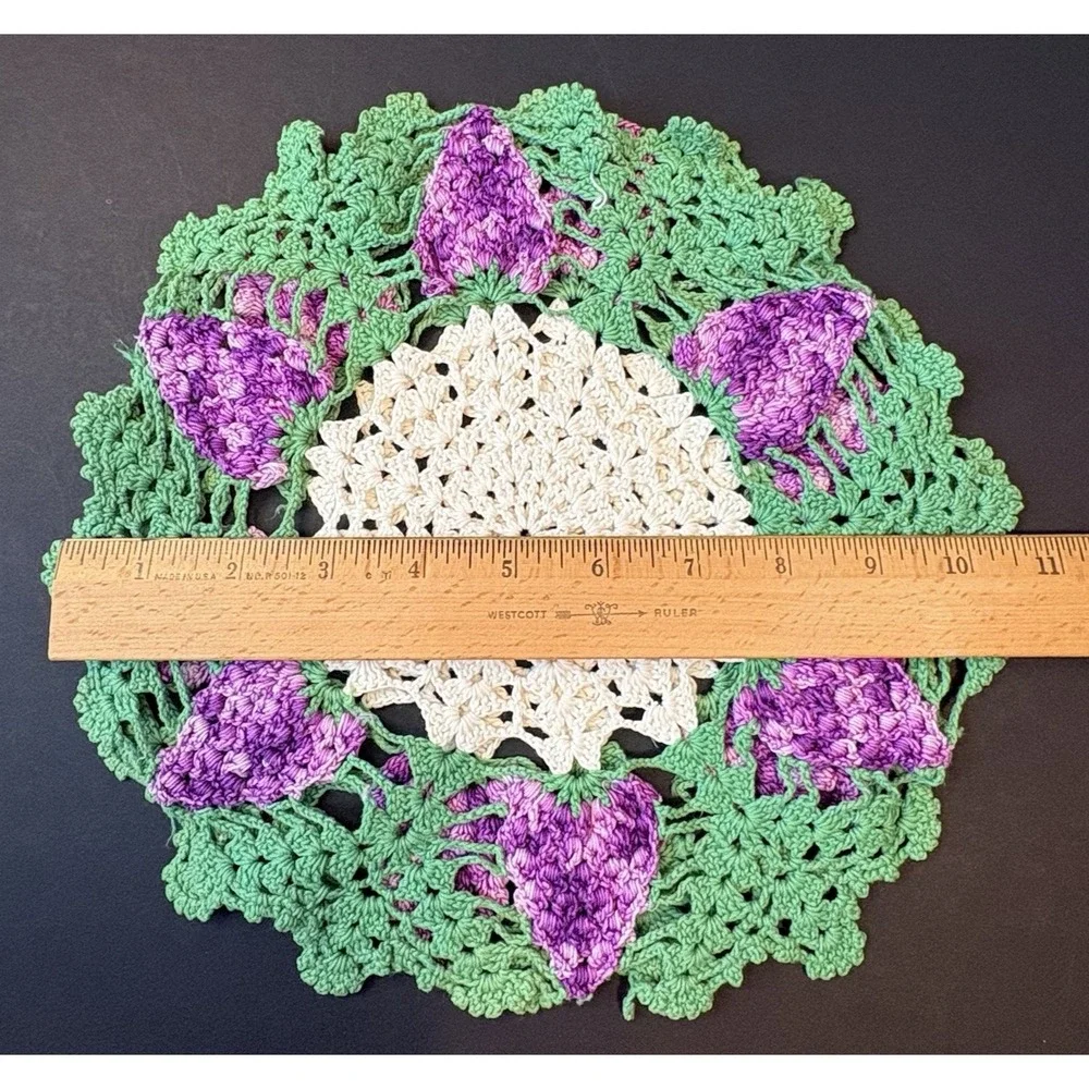 Vintage (2) Handmade Crochet Doily 3D Purple Grape Cluster Design 10.5